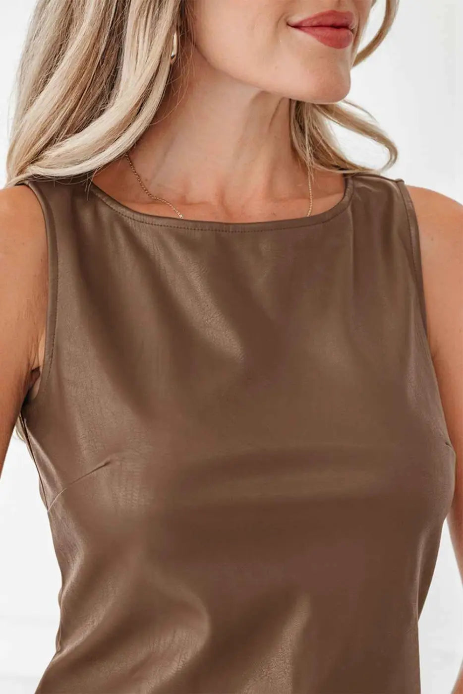 Brown faux leather sleeveless mini dress | fashionfitz