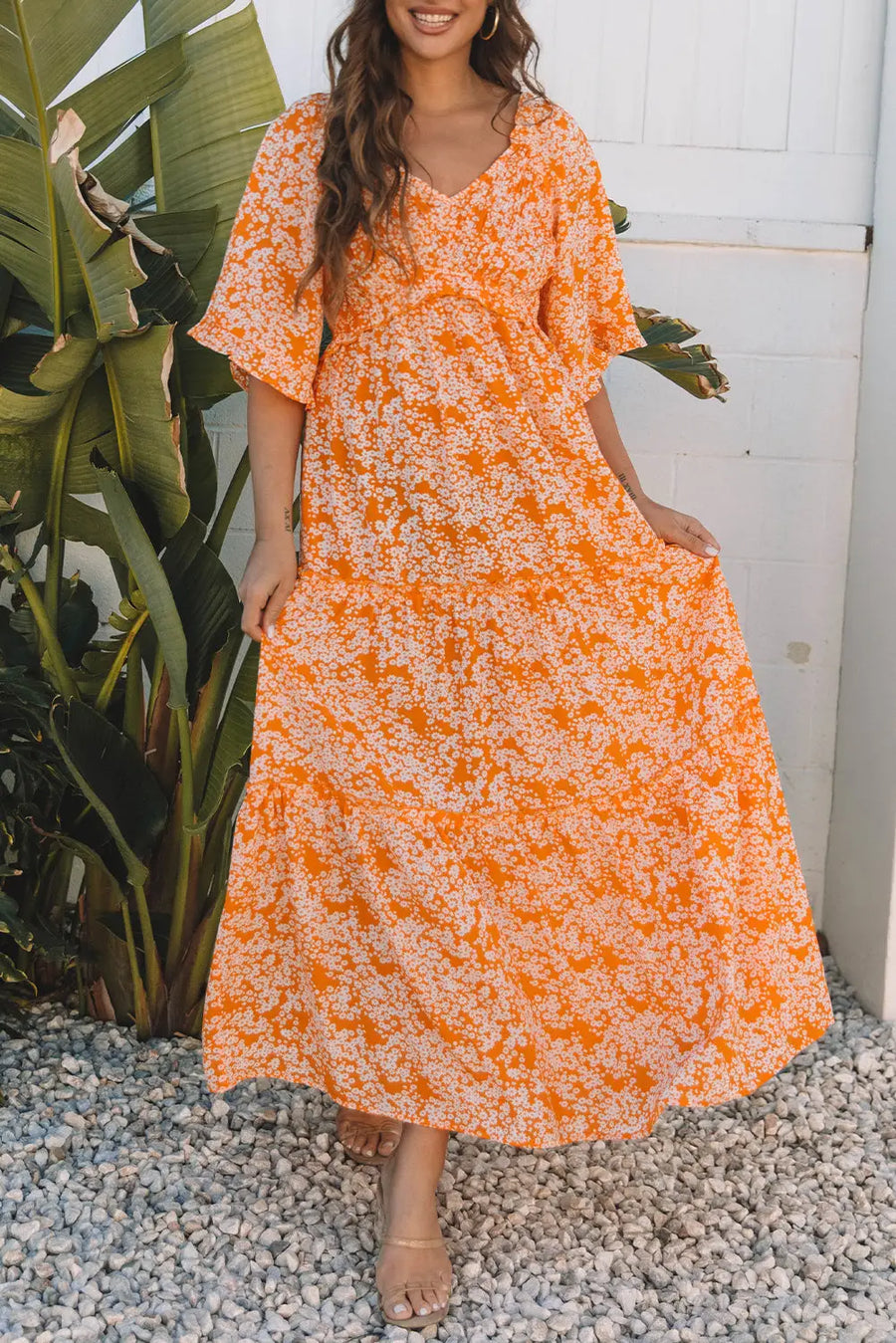Orange Floral Smocked V Neck Wide Sleeve Maxi Dress Women UK