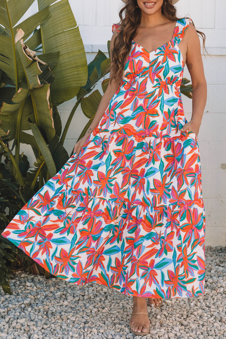 Red Boho Floral Ruffled Strap V Neck Maxi Dress Women UK