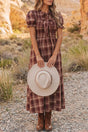 Red vintage plaid knot front smocked midi dress front view — Fashionfitz UK