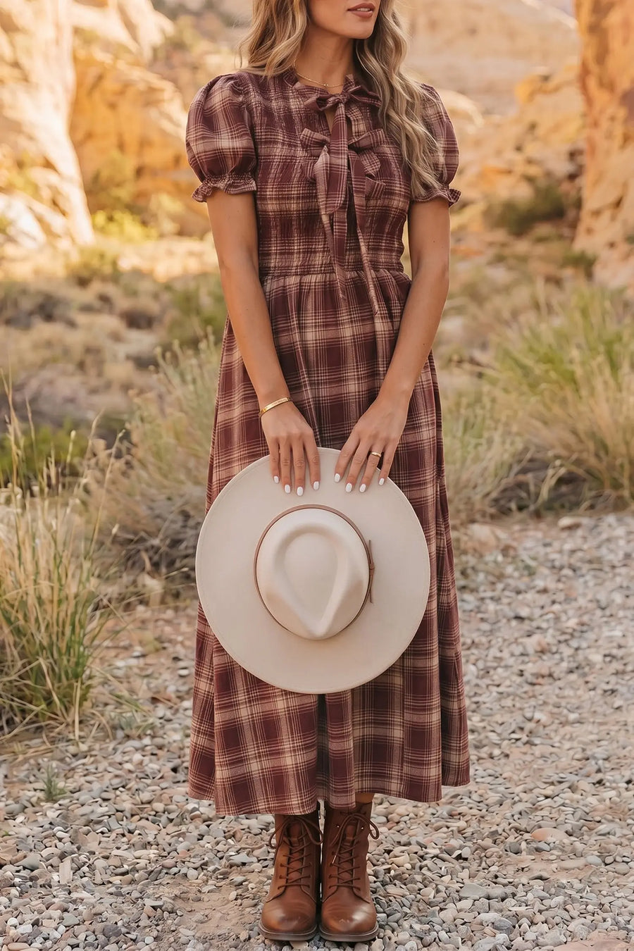 Red vintage plaid knot front smocked midi dress front view — Fashionfitz UK