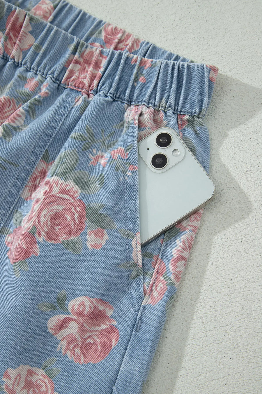 Floral Denim Short Sleeve Top and Shorts Set Women UK — angled view | Fashionfitz UK