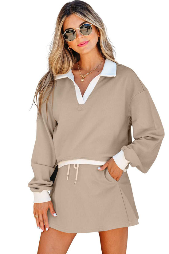 Cropped Top Drawstring Skirt Set