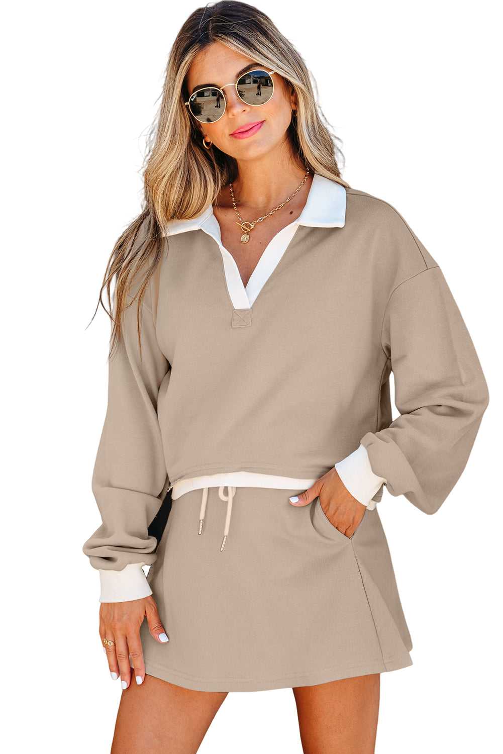 Cropped Top Drawstring Skirt Set