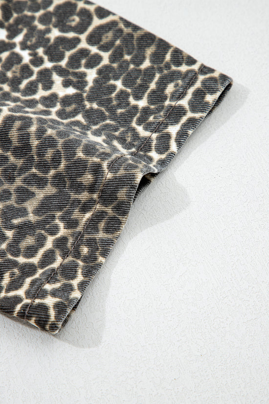 Gray Leopard Short Sleeve Denim Shirt