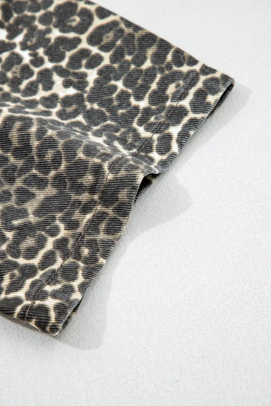 Gray Leopard Short Sleeve Denim Shirt