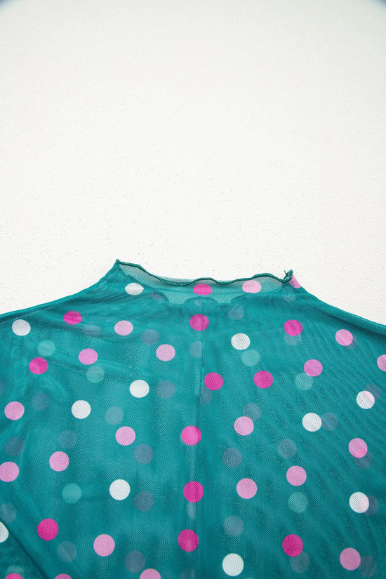 Polka dot mesh bodycon top mock neck long sleeve sheath fit