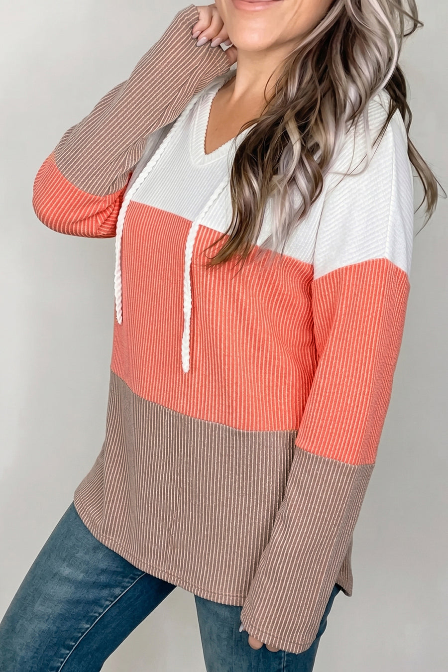 Flame Ribbed Colorblock Hooded Pullover Top