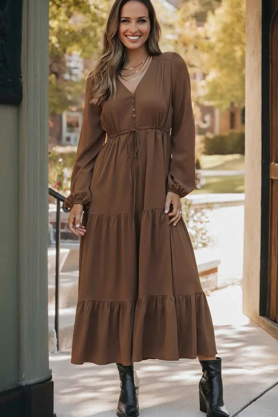 Burgundy long sleeve tiered maxi dress dresses