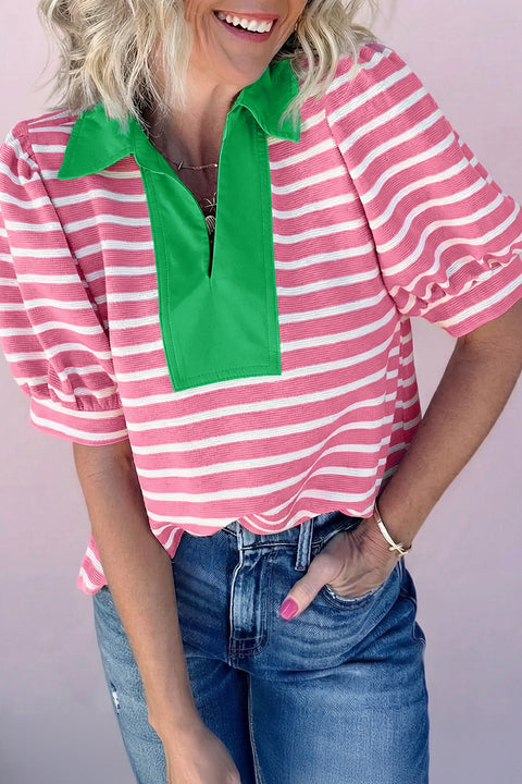 Stripe Puff Sleeve Colour Block Polo Collar Blouse