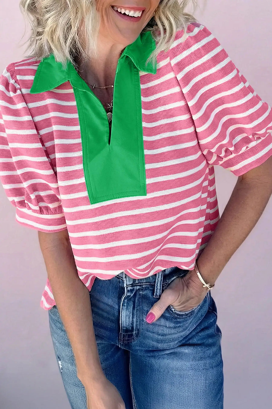 Striped puff sleeve colourblock polo collar blouse front view — Fashionfitz UK