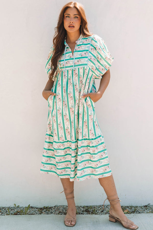 Multicolour Floral Stripe Tie Neck Puff Sleeve Midi Dress Women UK