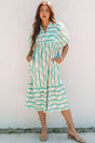 Multicolour Striped Floral Print Tie Split Neck Puff Sleeve Midi Dress