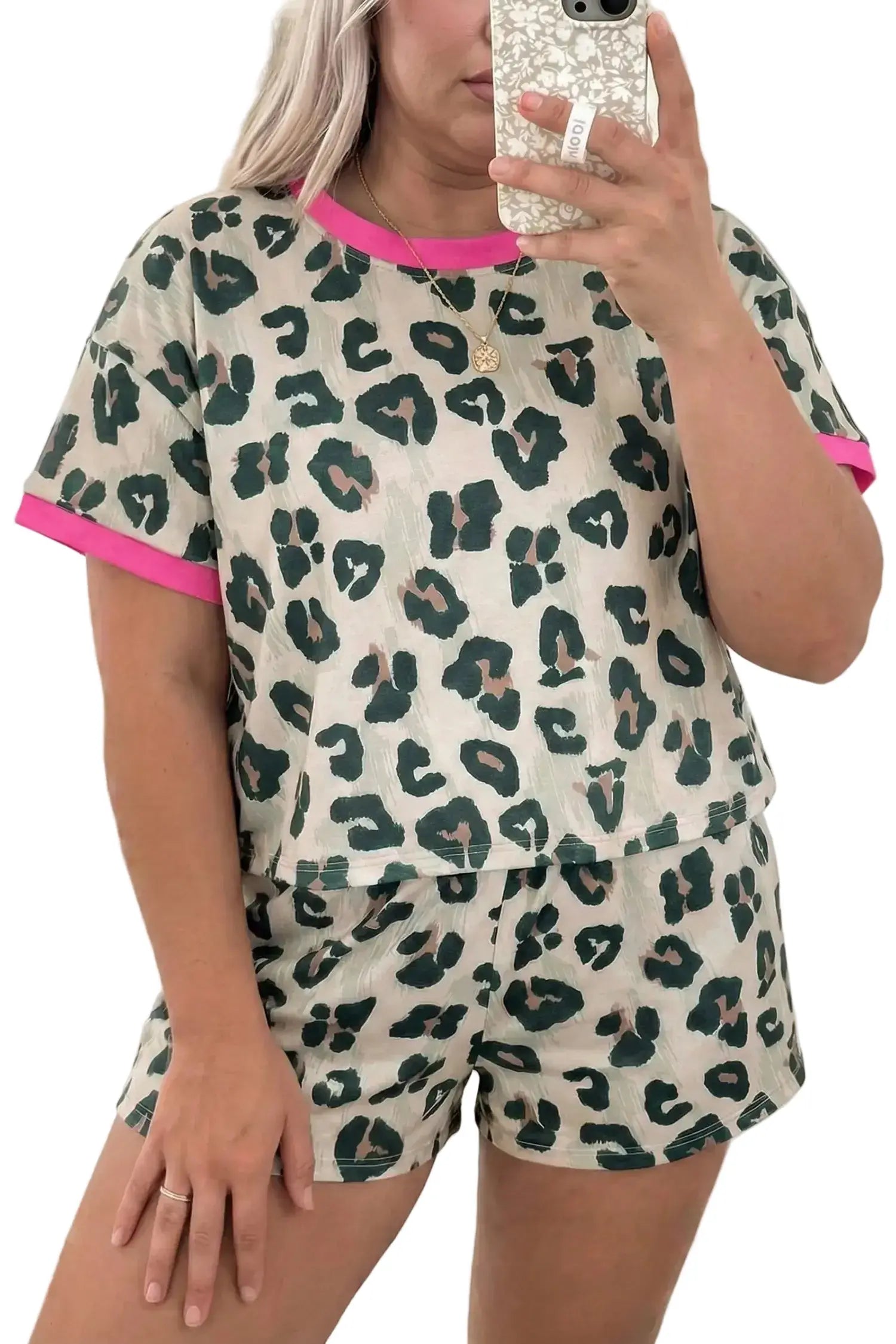 Plus size leopard colour block trim short sleeve top & shorts set outfit sets