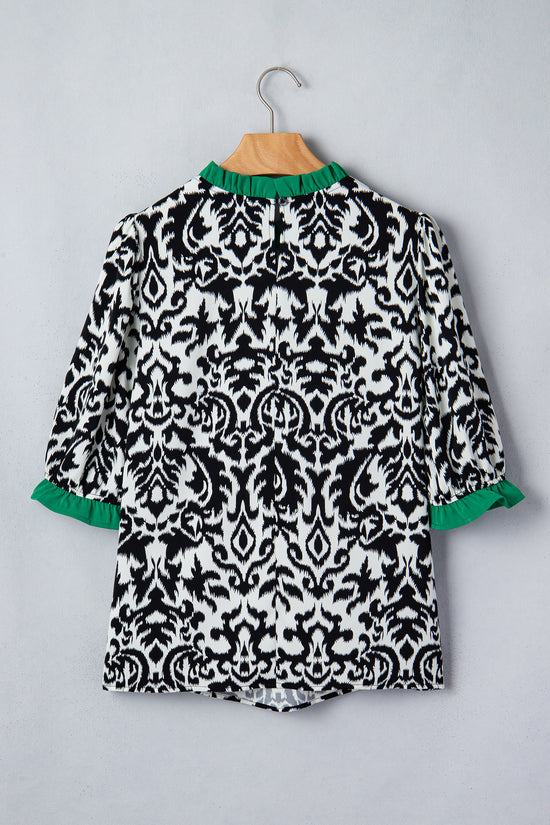 Damask Print Ruffled Colourblock Puff Sleeve Blouse Round Neck Shift
