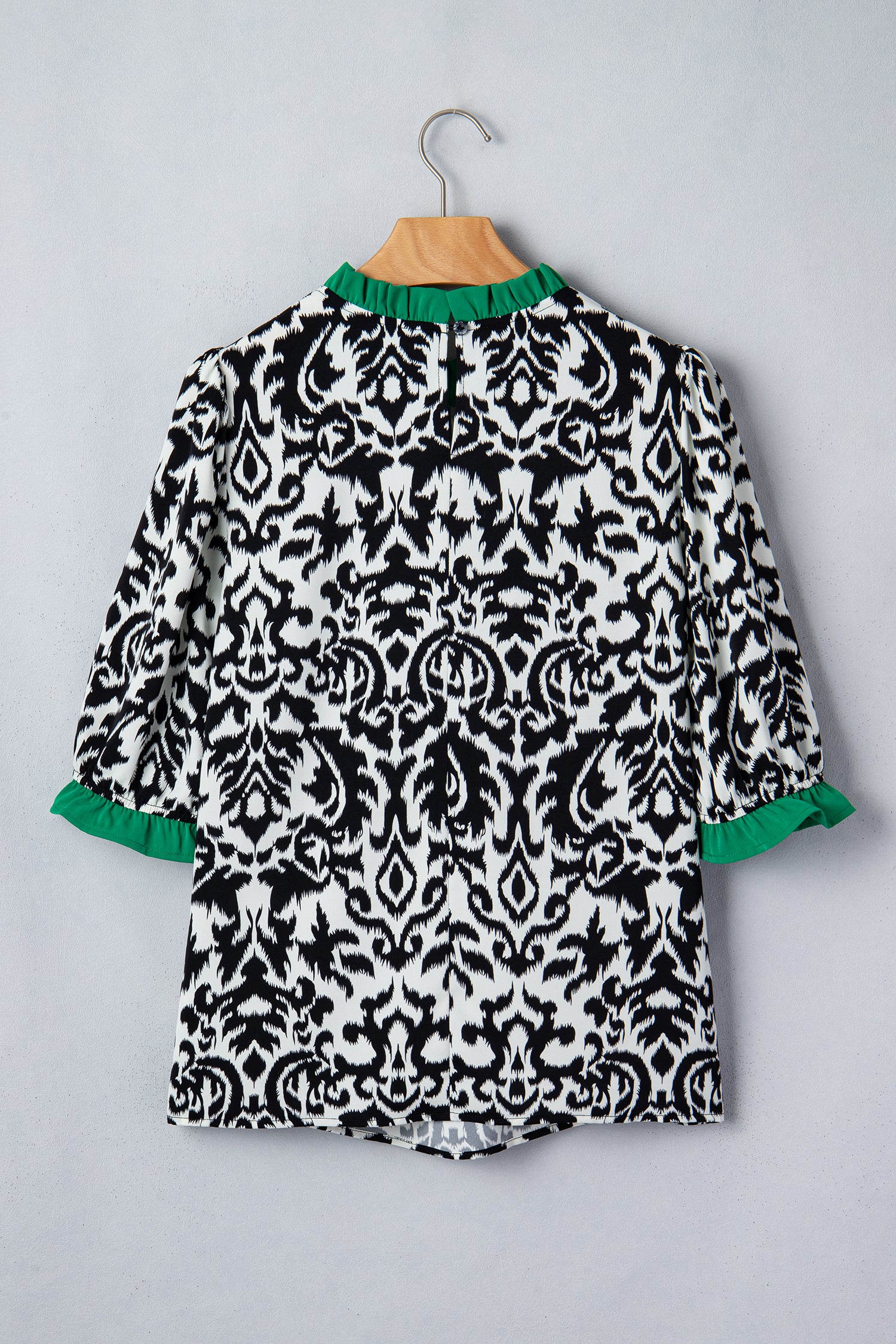 Damask Print Ruffled Colourblock Puff Sleeve Blouse Round Neck Shift