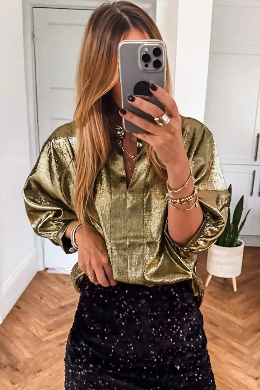 Close-up of gold metallic fabric texture on split neck blouse Fashionfitz UK