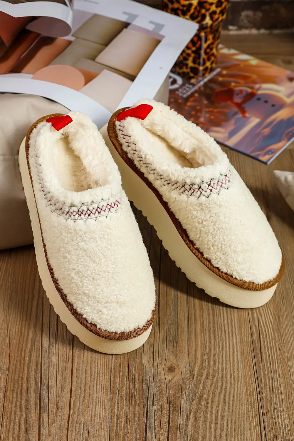 Embroidered sherpa plush winter slippers