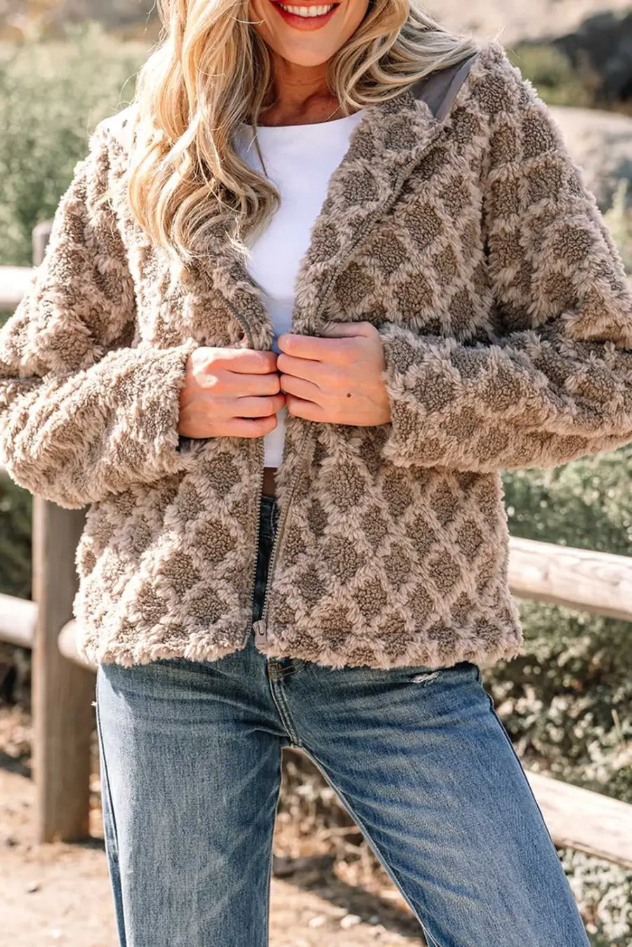Camel sherpa fleece quilted hooded zip up jacket