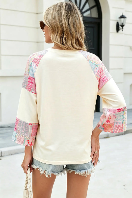 Beige floral patchwork long sleeve top colour block retro round neck relaxed fit tank tops