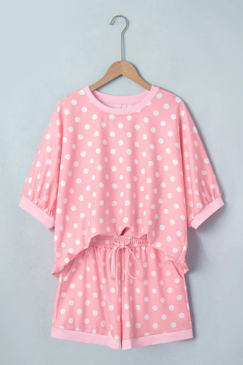 Polka dot oversized top and drawstring shorts set front view — Fashionfitz UK