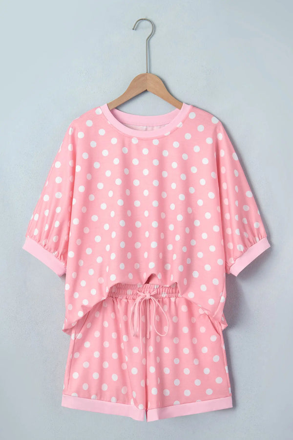 Polka dot oversized top and drawstring shorts set front view — Fashionfitz UK