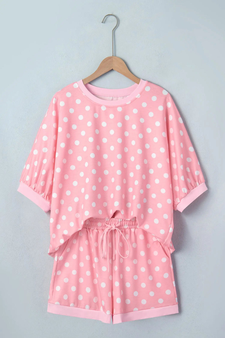 Polka dot oversized top and drawstring shorts set front view — Fashionfitz UK