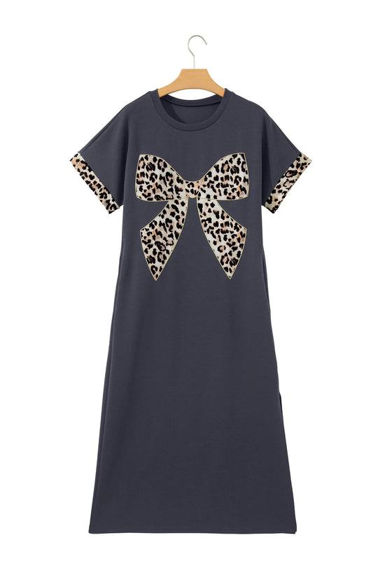 Leopard bow patch short sleeve t-shirt maxi dress thigh slit high waist dresses
