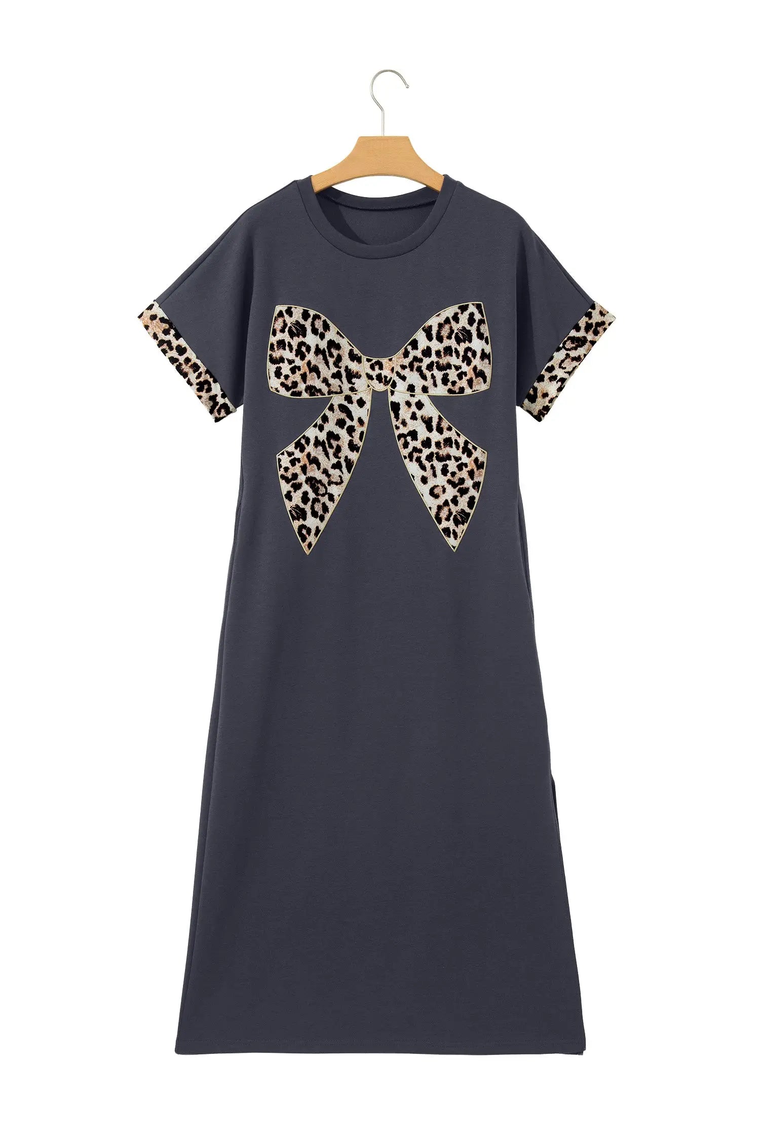Leopard bow patch short sleeve t-shirt maxi dress thigh slit high waist dresses