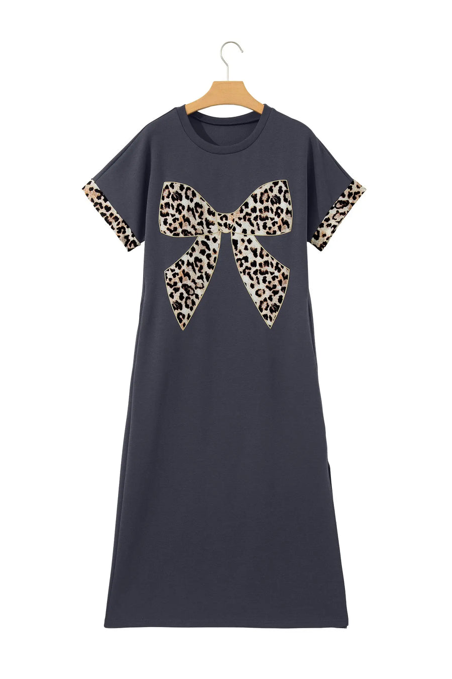 Leopard bow patch short sleeve t-shirt maxi dress thigh slit high waist dresses