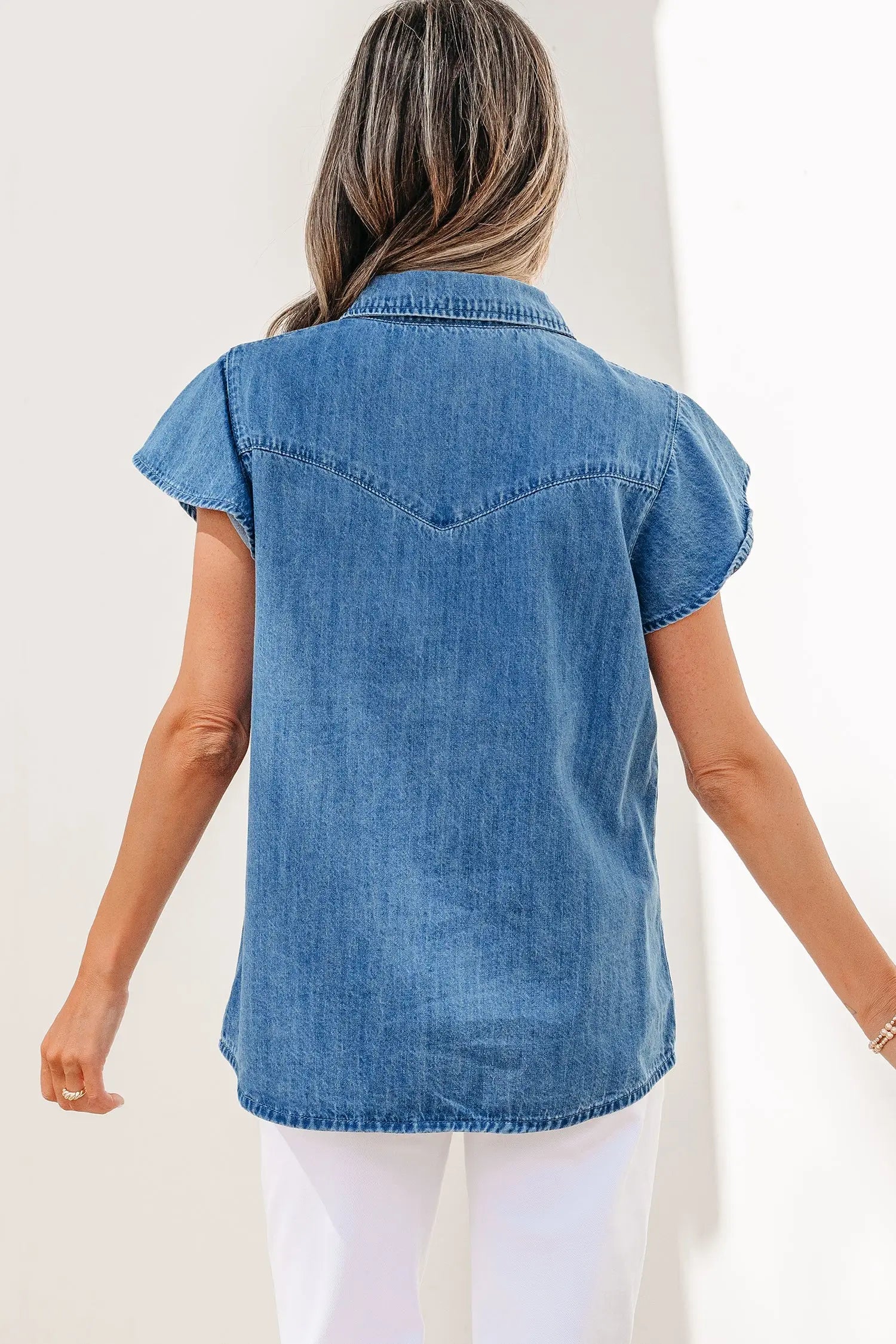 Dusk blue ruffled short sleeve denim shirt button down collar stitched yoke shirts