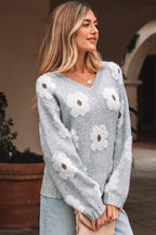 Oversized Grey Floral Knit Jumper – V‑Neck
