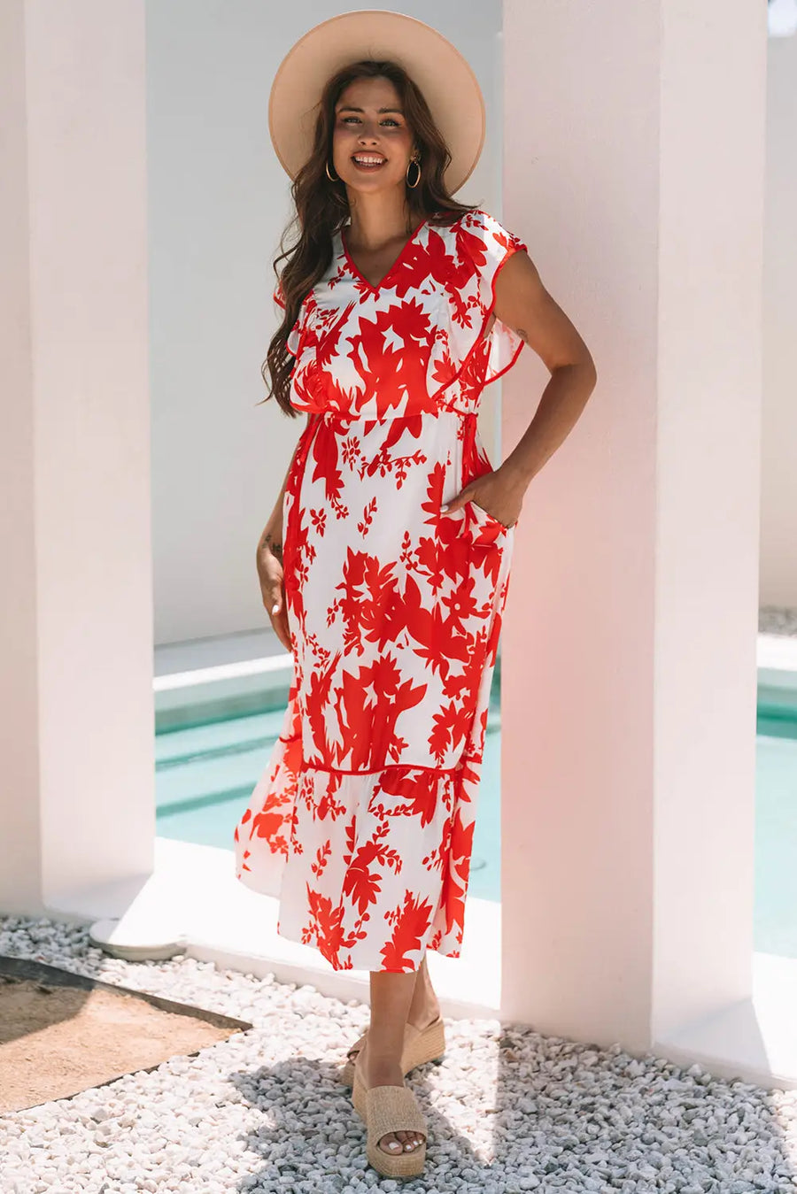 Red Floral Trimmed V Neck Ruffle Sleeve Maxi Dress Women UK