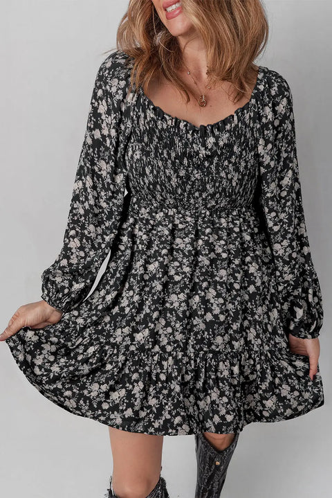 Black Floral Long Sleeve Shirred Square Neck Mini Dress Women UK