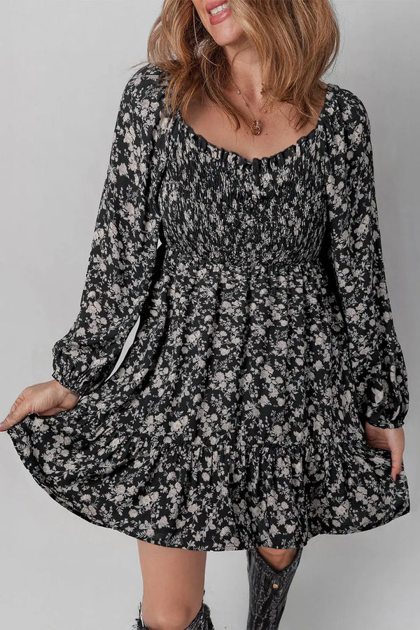 Black Floral Long Sleeve Shirred Square Neck Mini Dress Women UK