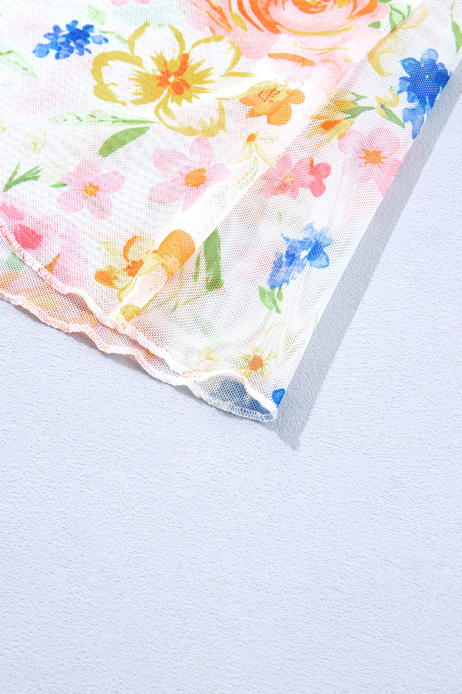 White Lettuce Trim Floral Print Sheer Mesh Long Sleeve Top