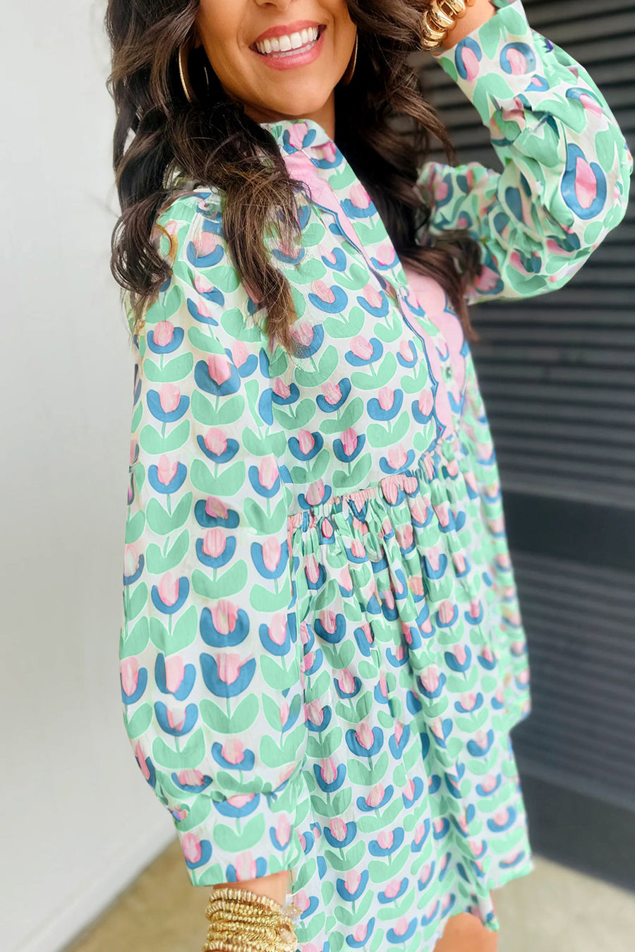 Green Floral Scalloped Notched Neck Long Sleeve Mini Dress Women UK