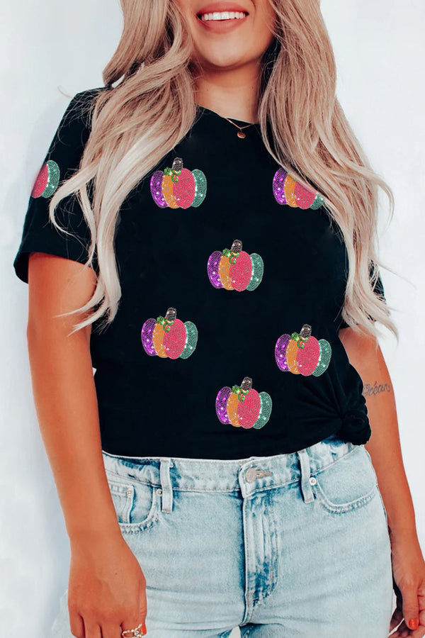 Sequin Pumpkin Graphic Round Neck Casual Tee Women UK