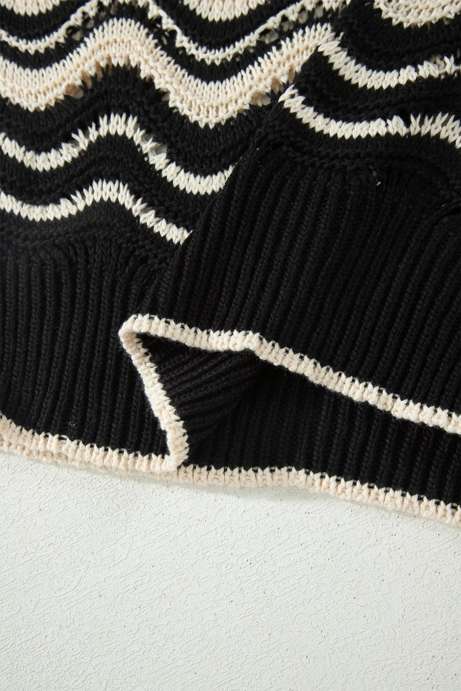 Wavy stripe crochet eyelet ruffle half sleeve knit sweater relaxed fit sweaters
