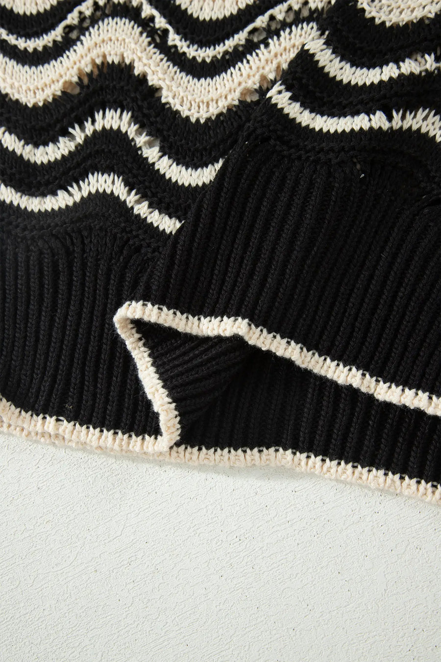 Wavy stripe crochet eyelet ruffle half sleeve knit sweater relaxed fit sweaters