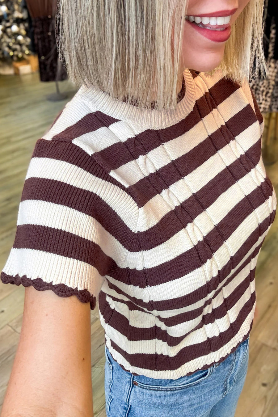 Brown Stripe Ribbed Knit Cable Detail Short Sleeve Sweater