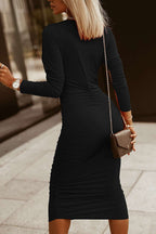 Back view of Ladies Black Wrap Drape Midi Dress showing ruched side seams and body-hugging silhouette, perfect for fall events.