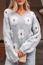 Oversized Grey Floral Knit Jumper – V‑Neck