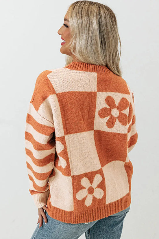 Brown checkered floral print striped sleeve sweater
