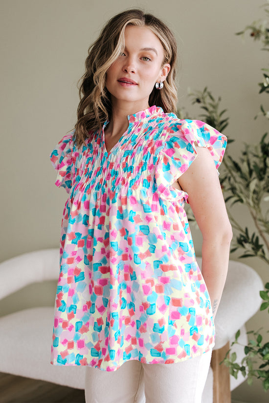 Shirred  Blouse - Ruffled Abstract Print