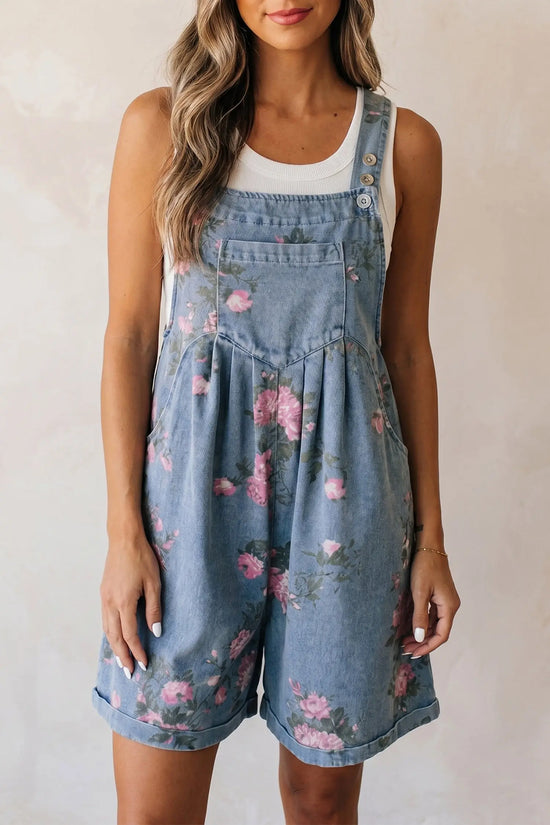 Floral print denim shortalls adjustable straps pockets relaxed fit one-pieces