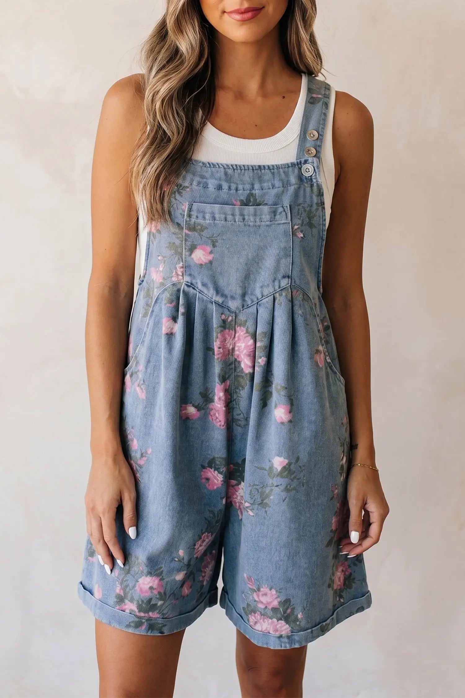 Floral print denim shortalls adjustable straps pockets relaxed fit one-pieces
