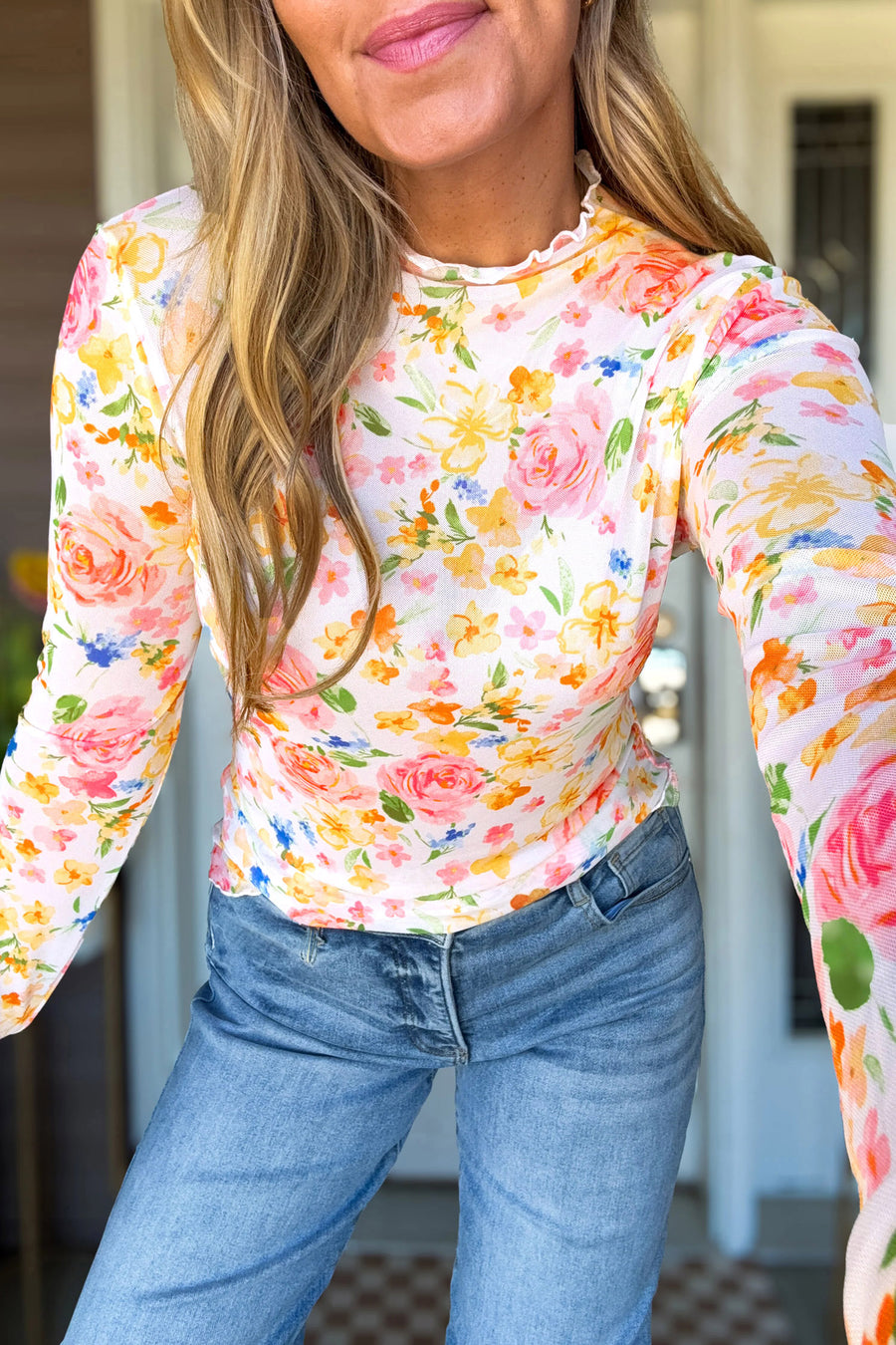 White Lettuce Trim Floral Print Sheer Mesh Long Sleeve Top