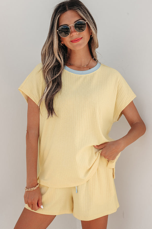 Ribbed Colorblock Trim Casual Short Set Women UK