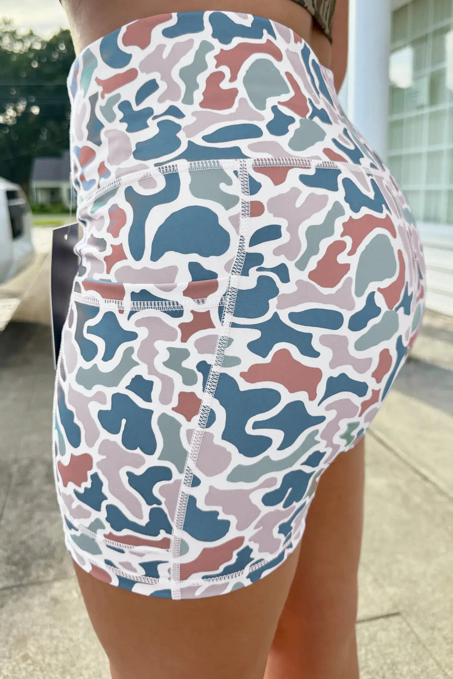 Abstract camo print biker shorts detail close-up | Fashionfitz UK